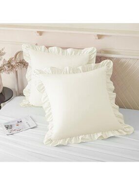 Set of 2 Ruffle Pillow Cases 26x26 Inches, Soft Beige Decorative Cushions